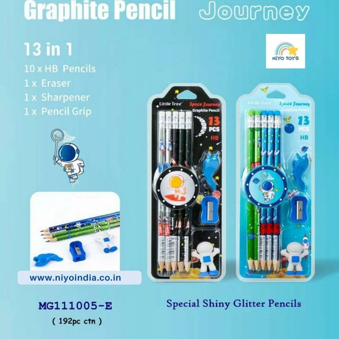 Space Theme Pencil Set with Sharpener, Eraser & Pencil Cap