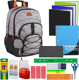 Summit Ridge Laptop Backpack with Supplies | 19 Inch Dual Compartment Backpack with Earbud Case Holder/Mini Backpack Wallet Keychain & 30 Piece Stationery Set