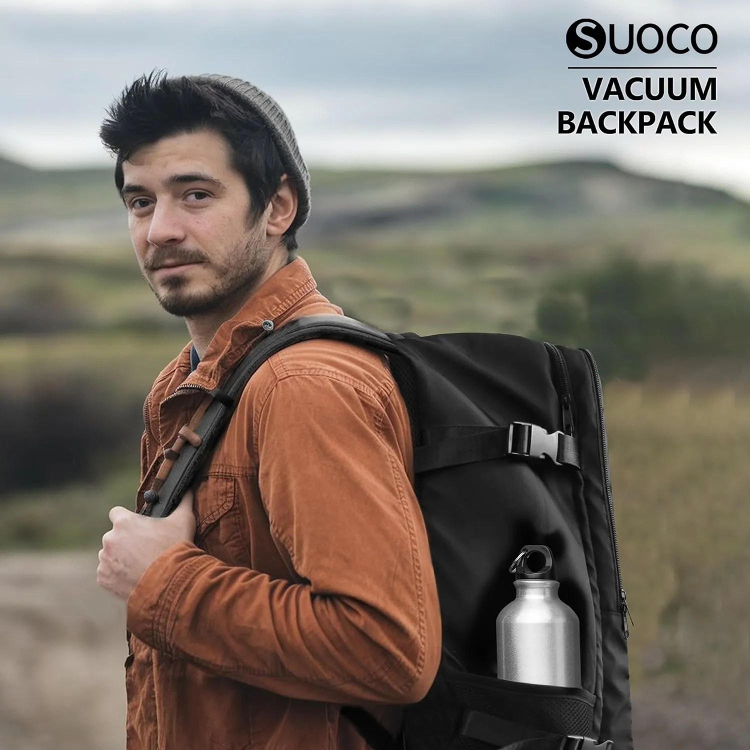 SUOCO Travel Vacuum Backpack, 60L Seal Compression Air Vac Back Pack with Travel Pump, Carry On Suitcase Luggage Flight Approved for Men Women Personal Item, Black