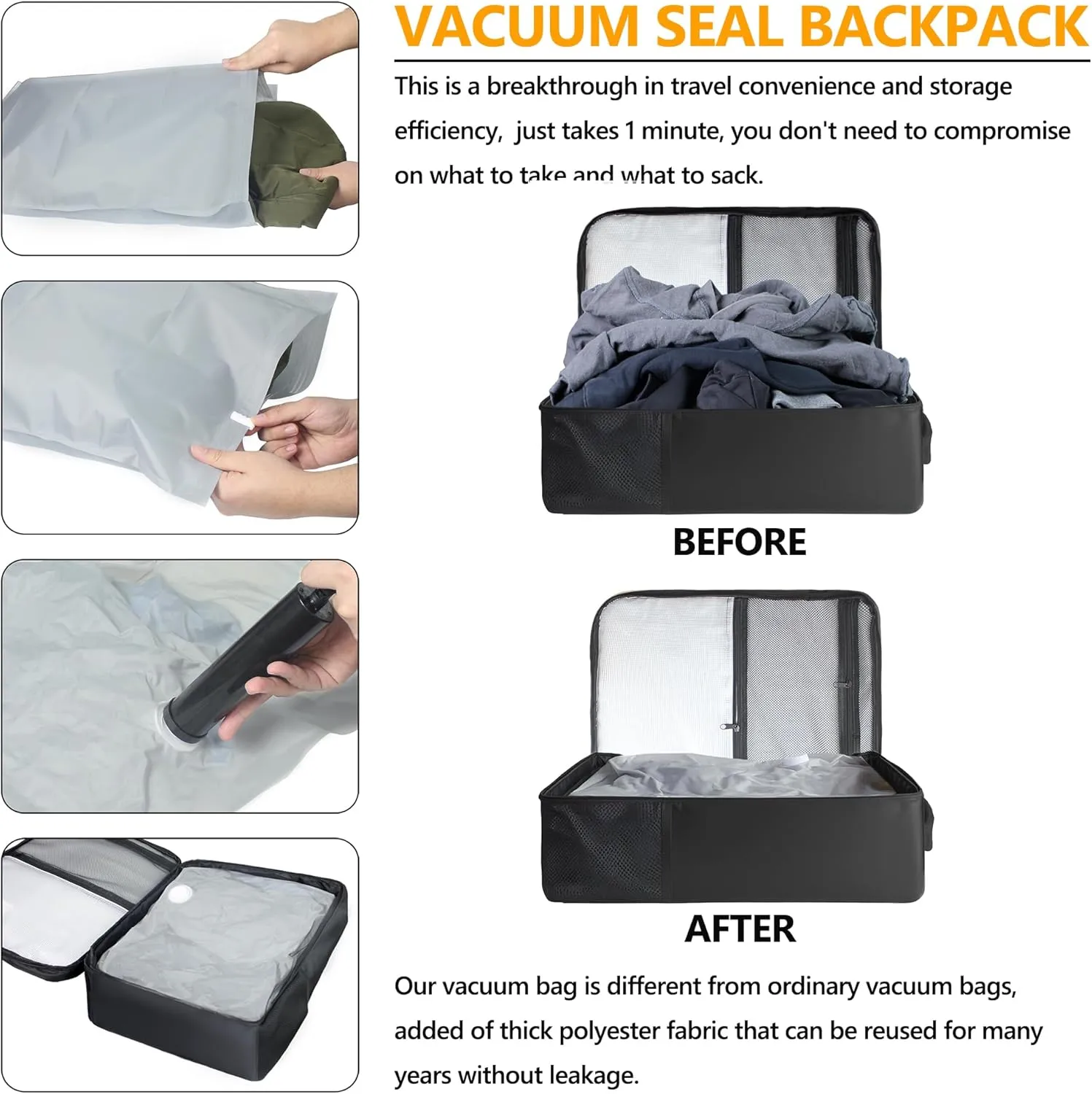 SUOCO Travel Vacuum Backpack, 60L Seal Compression Air Vac Back Pack with Travel Pump, Carry On Suitcase Luggage Flight Approved for Men Women Personal Item, Black