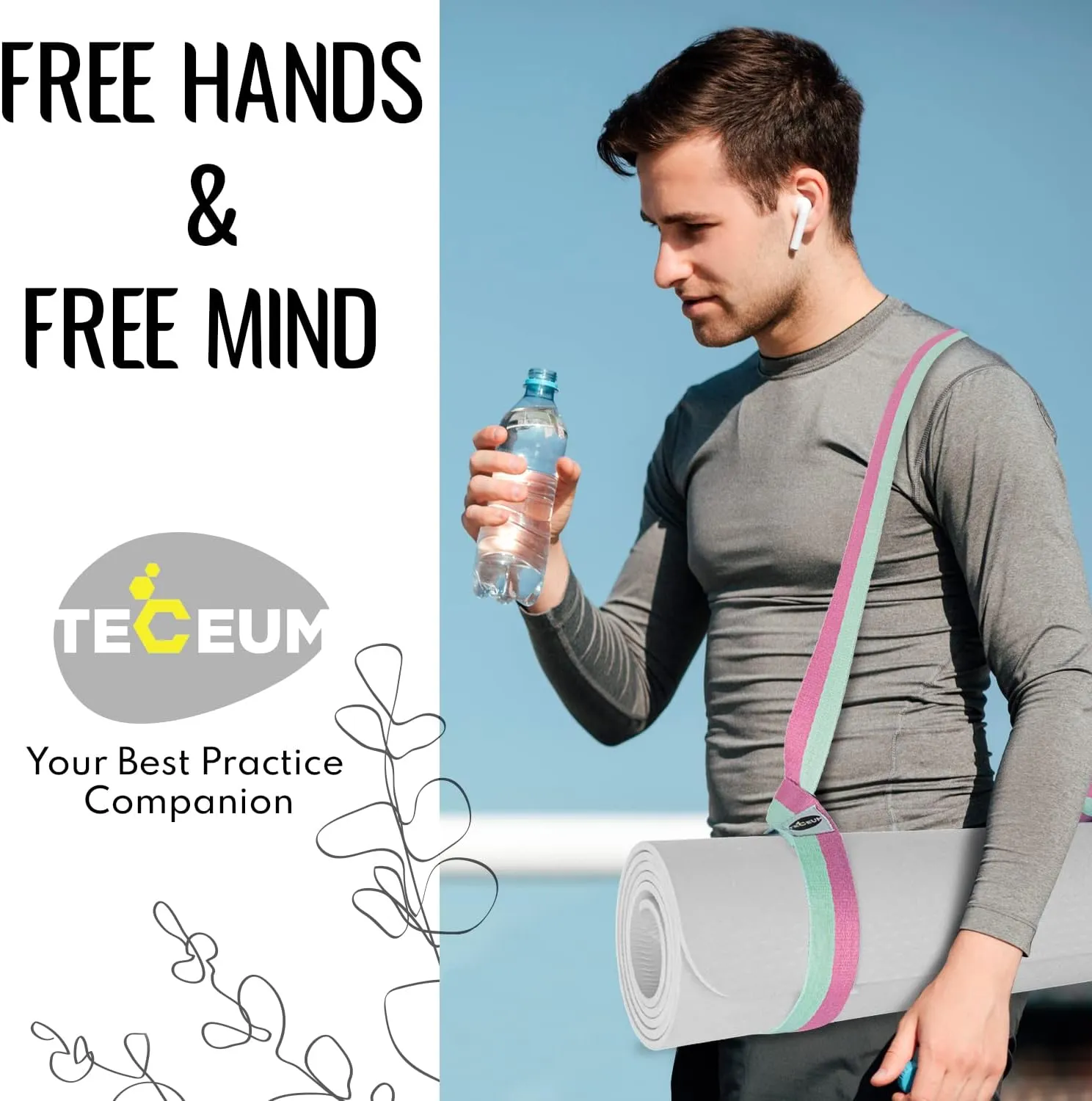 TECEUM Yoga Mat Strap  Black & 30  Colors  Adjustable Mat Holder Sling Carrier for All Mats [Mat Not Included]