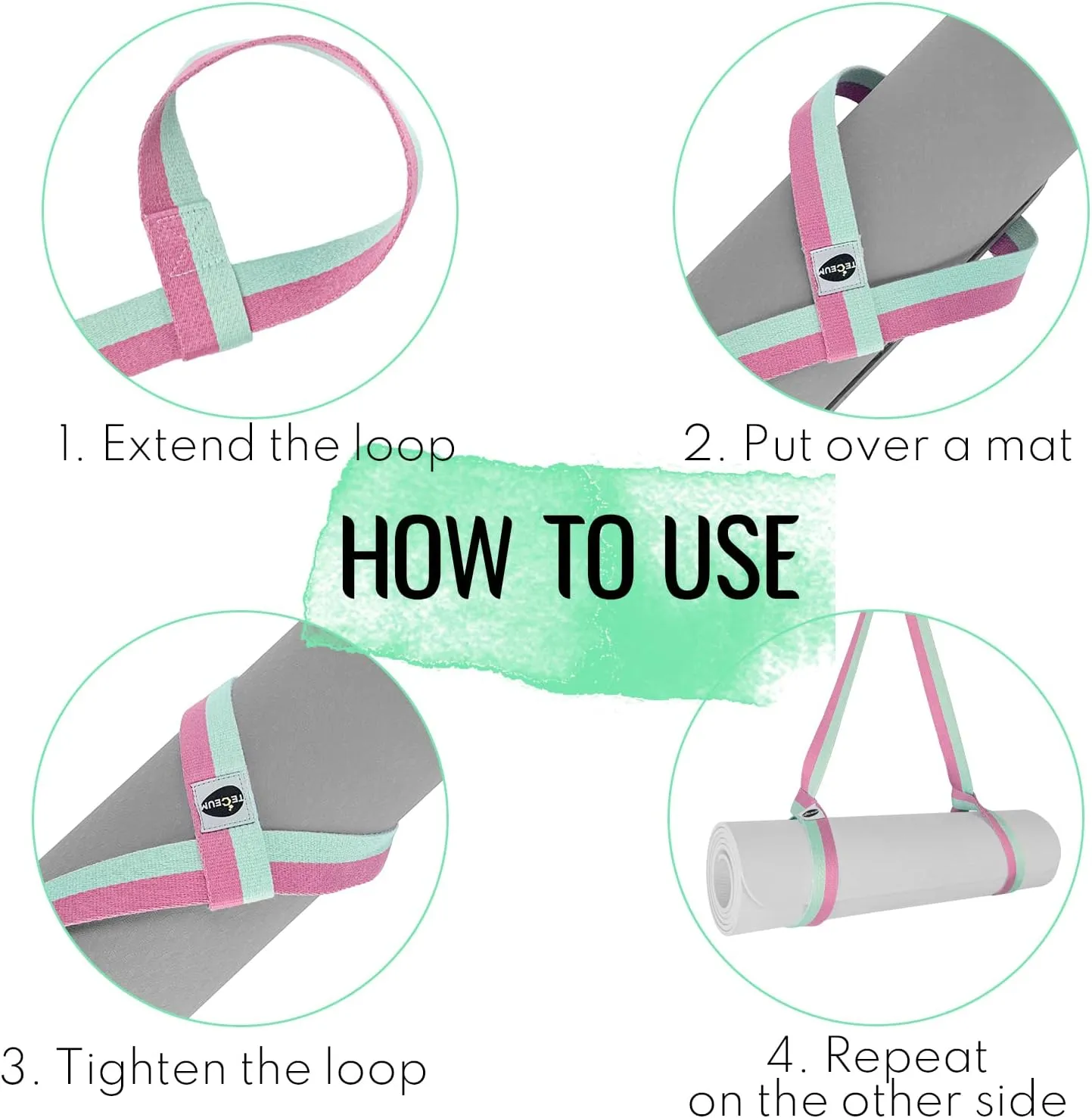 TECEUM Yoga Mat Strap  Black & 30  Colors  Adjustable Mat Holder Sling Carrier for All Mats [Mat Not Included]