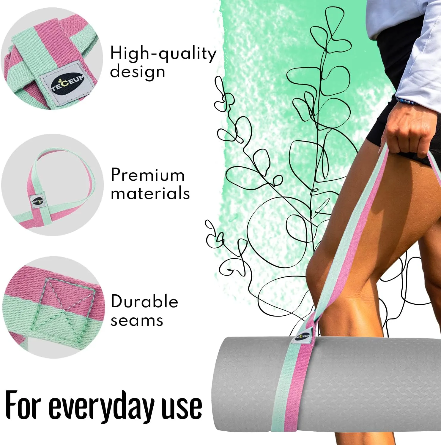 TECEUM Yoga Mat Strap  Black & 30  Colors  Adjustable Mat Holder Sling Carrier for All Mats [Mat Not Included]