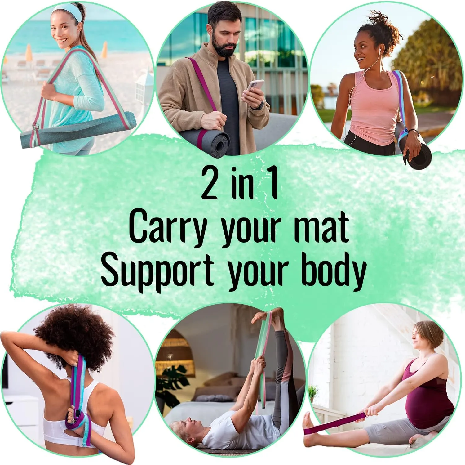 TECEUM Yoga Mat Strap  Black & 30  Colors  Adjustable Mat Holder Sling Carrier for All Mats [Mat Not Included]