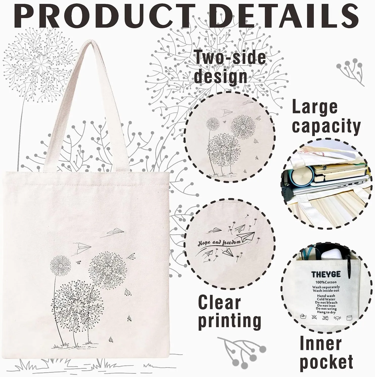 THEYGE Dandelion Flower Tote for Women - Reusable Cotton Canvas Grocery & Beach Shoulder Bag With Pocket