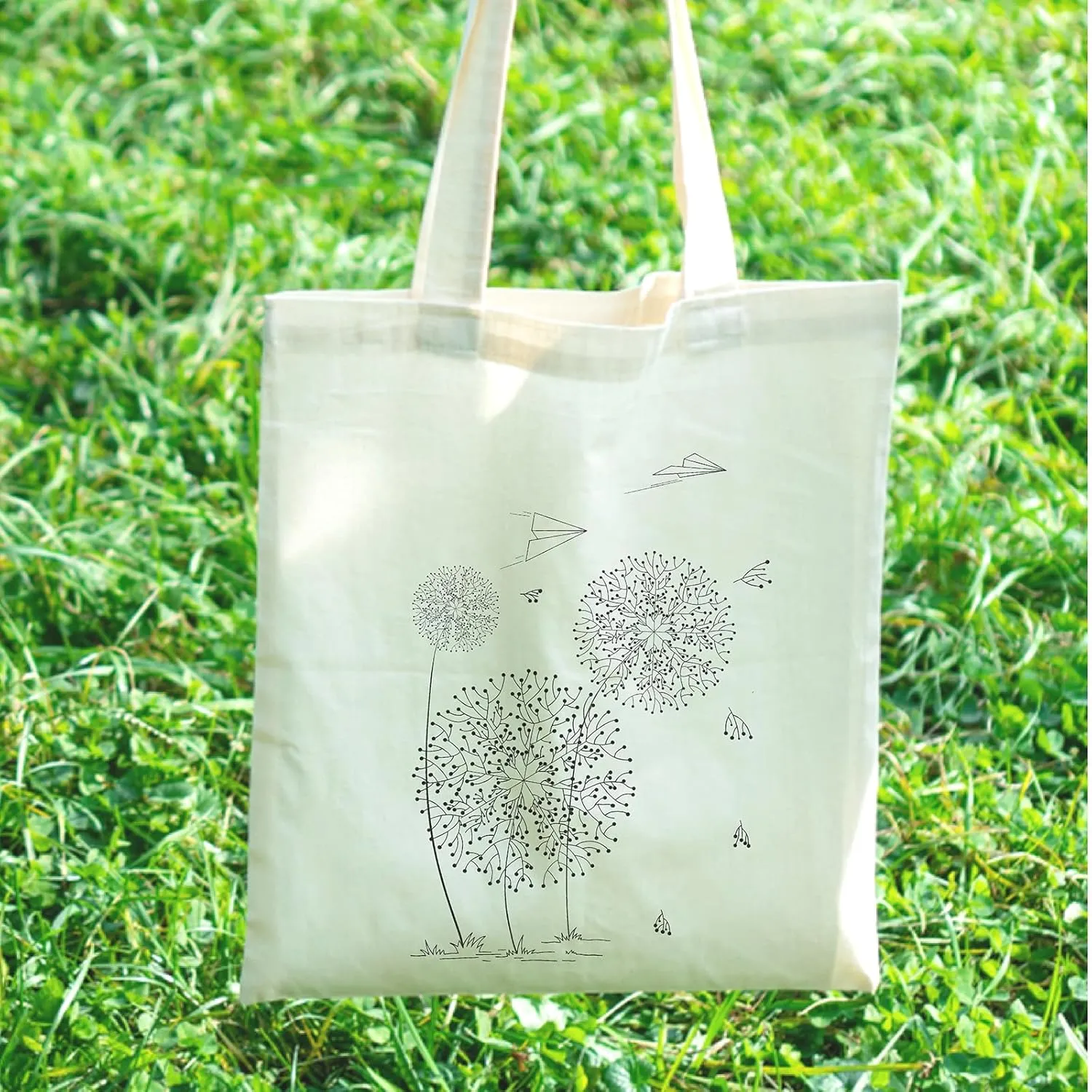 THEYGE Dandelion Flower Tote for Women - Reusable Cotton Canvas Grocery & Beach Shoulder Bag With Pocket