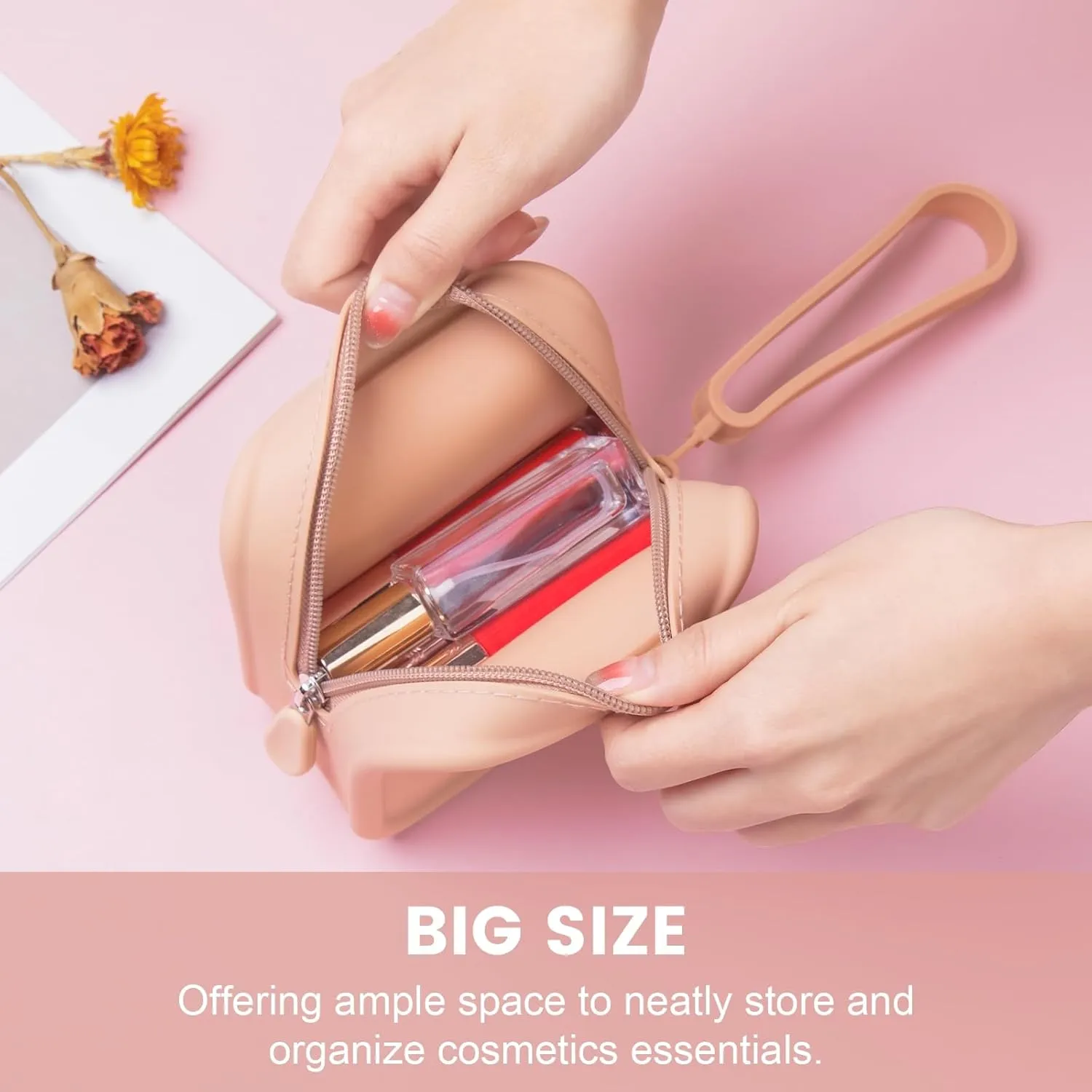 Travel Makeup Bag, Silicone Cosmetic Bags for Women, Cosmetic Organizer Case with Zipper, Waterproof Travel Toiletry Bag Skincare Pouch with Handle