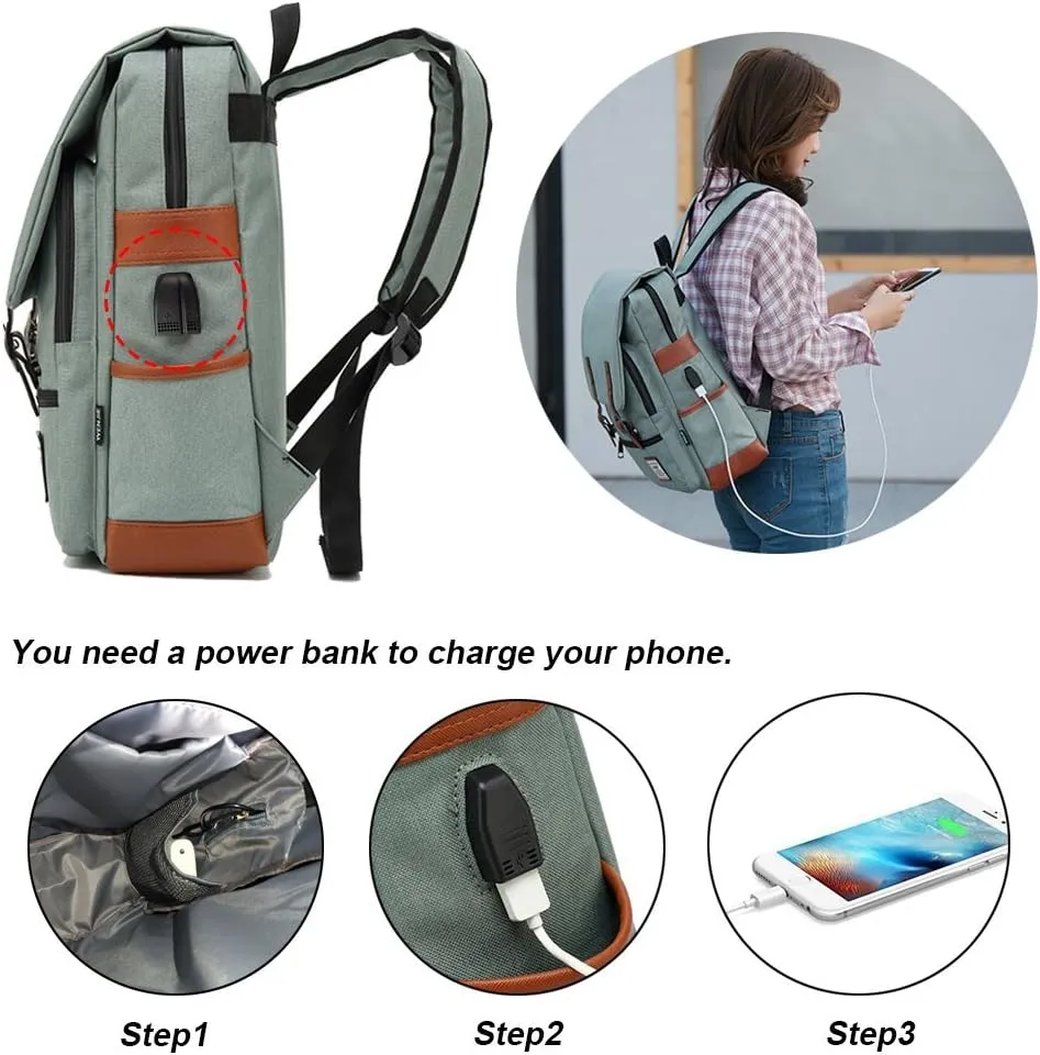 Vintage Laptop Backpack for Women Men, School College Backpack with USB Charging Port & Headphone Jack, Fashion Backpack Fits 15.6 inch Notebook - Green-Function Update