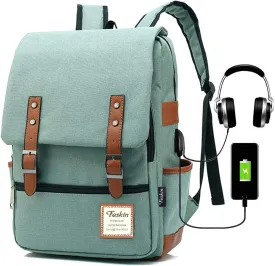 Vintage Laptop Backpack for Women Men, School College Backpack with USB Charging Port & Headphone Jack, Fashion Backpack Fits 15.6 inch Notebook - Green-Function Update