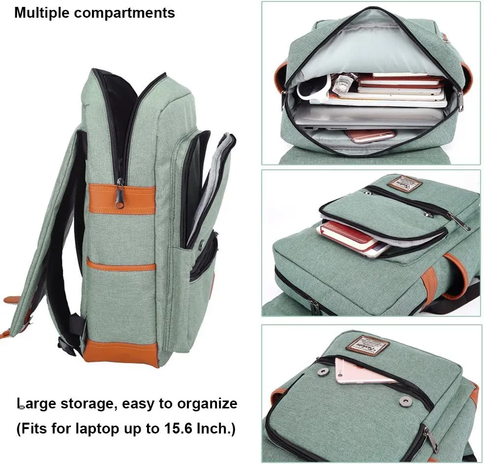 Vintage Laptop Backpack for Women Men, School College Backpack with USB Charging Port & Headphone Jack, Fashion Backpack Fits 15.6 inch Notebook - Green-Function Update
