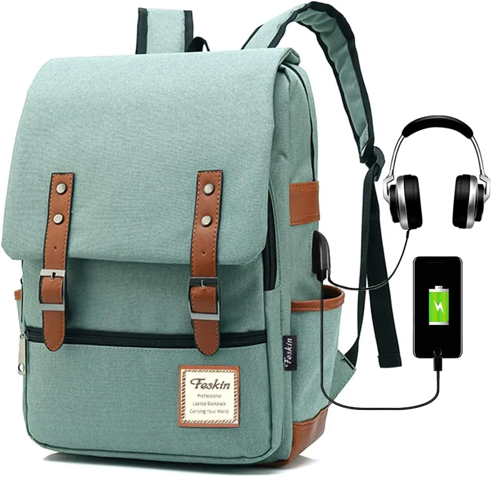 Vintage Laptop Backpack for Women Men, School College Backpack with USB Charging Port & Headphone Jack, Fashion Backpack Fits 15.6 inch Notebook - Green-Function Update