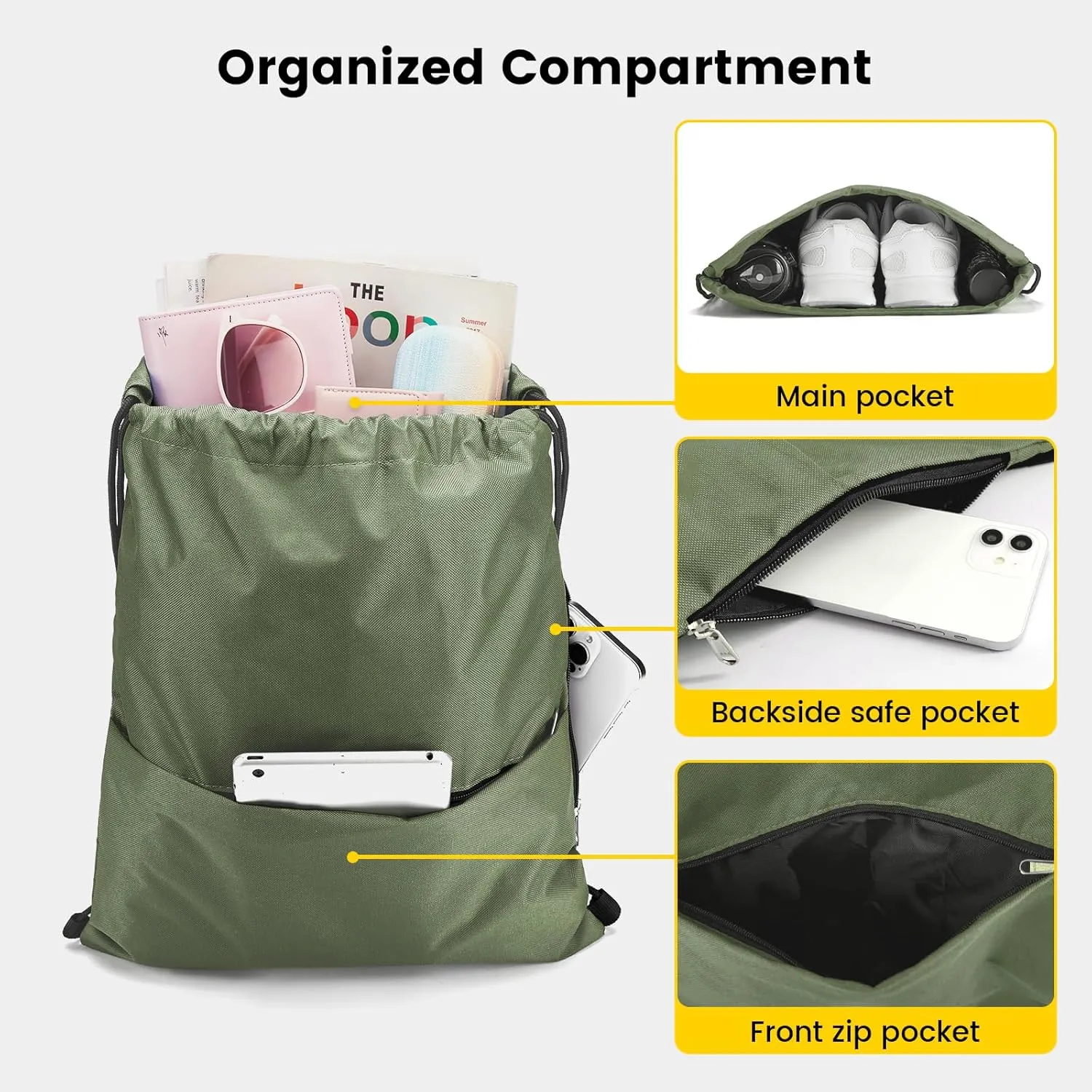 Vorspack Drawstring Backpack Water Resistant String Bag Sports Sackpack Gym Sack with Side Pocket for Men Women
