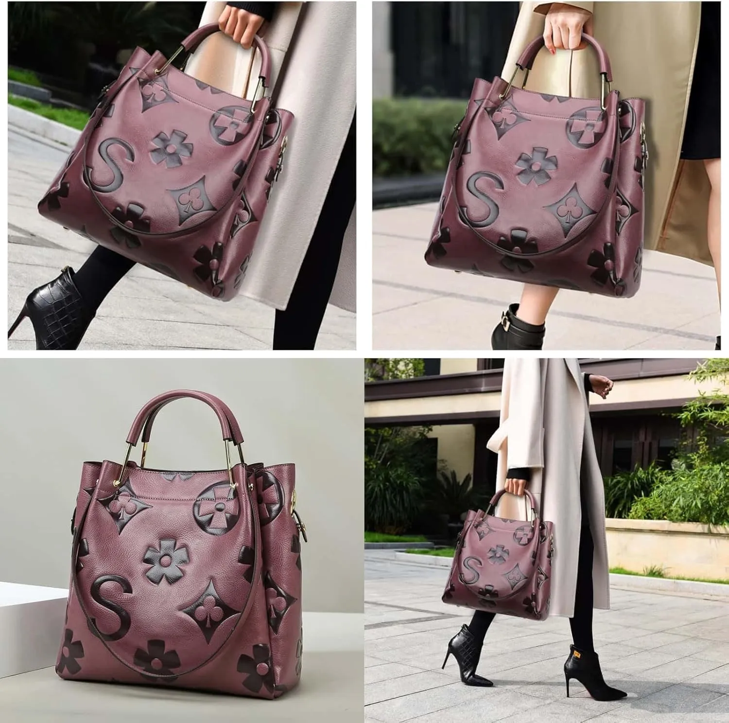 Women Large Tote Bag with Pouch Set of 2 Trendy Retro Floral Embossed Shoulder Handbag Crossbody Bucket Purse Fashion